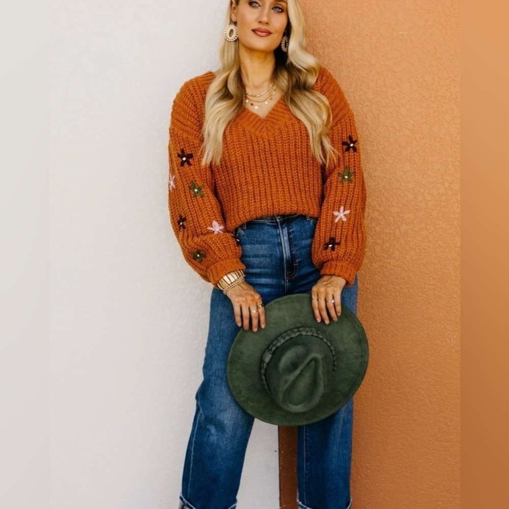 NWT Rust Cable Knit V Neck Floral Embroidered Bubble Sleeve Size Medium - Picture 8 of 16